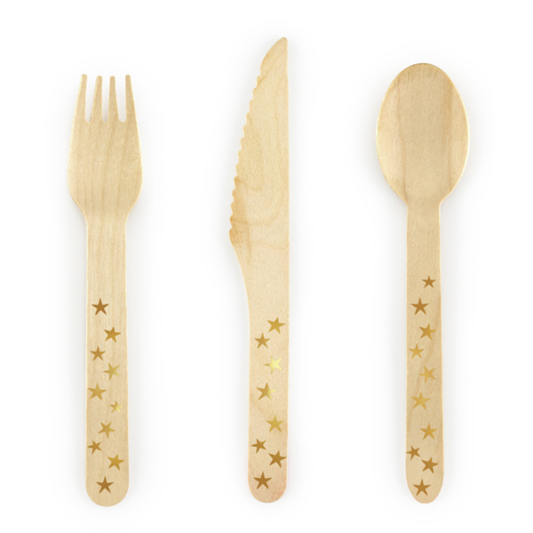 Couverts en bois étoiles dorées pour baby shower