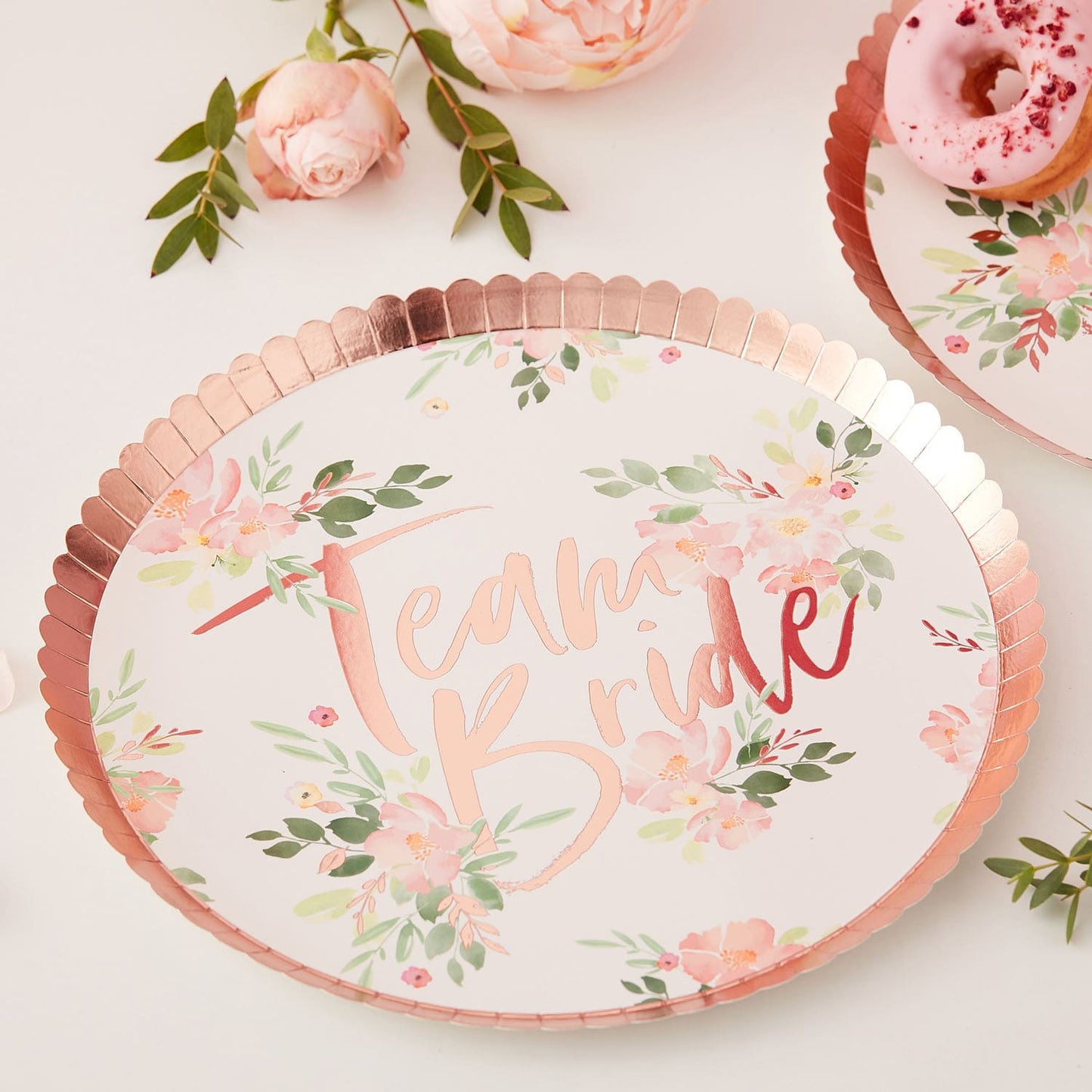 Assiettes fleuries Team Bride Rose Gold pour EVJF