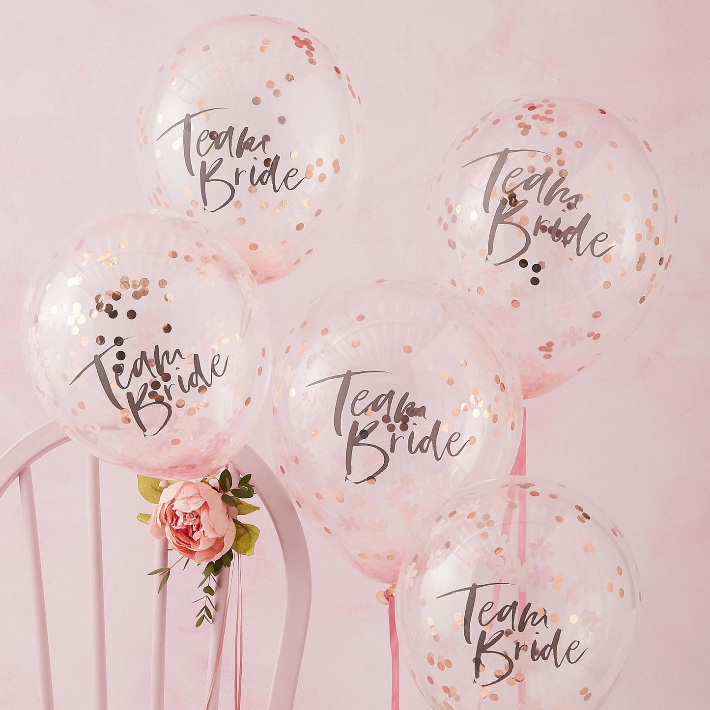 Ballons Confettis rose gold avec écriture Team Bride pour EVJF