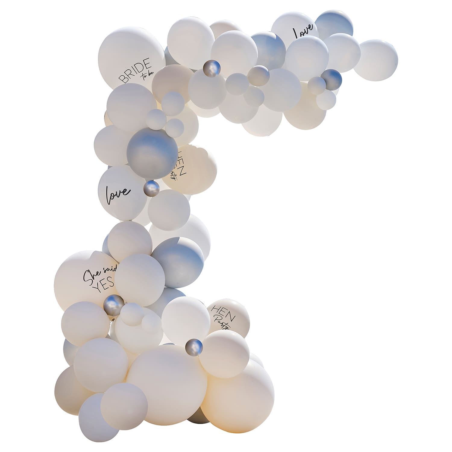 Arche à ballons blancs et argentés avec inscription "Bride-to-Be", "She said yes" pour EVJF