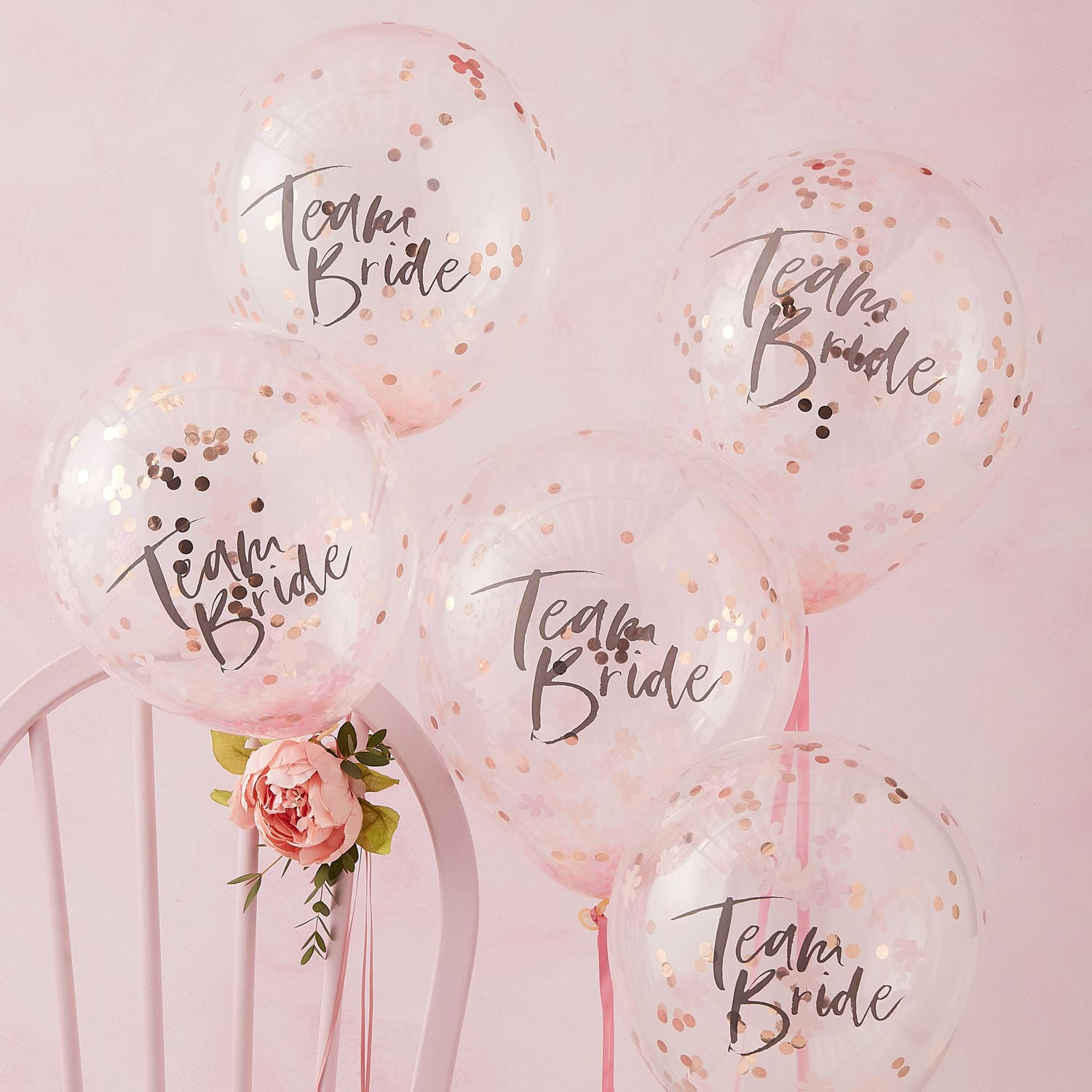 Ballons Confettis rose gold avec écriture Team Bride pour EVJF 